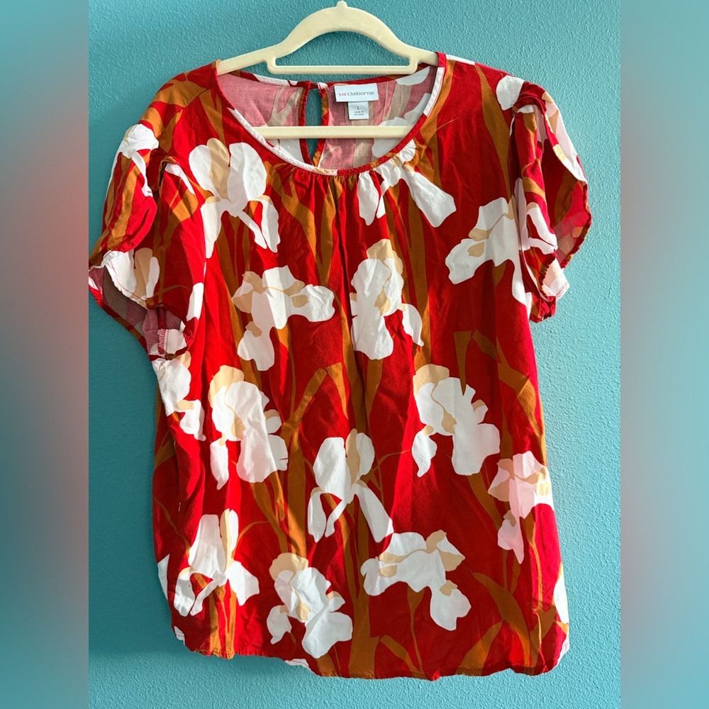 Liz Claiborne Red Floral Short Sleeve Scoop Neck Blouse